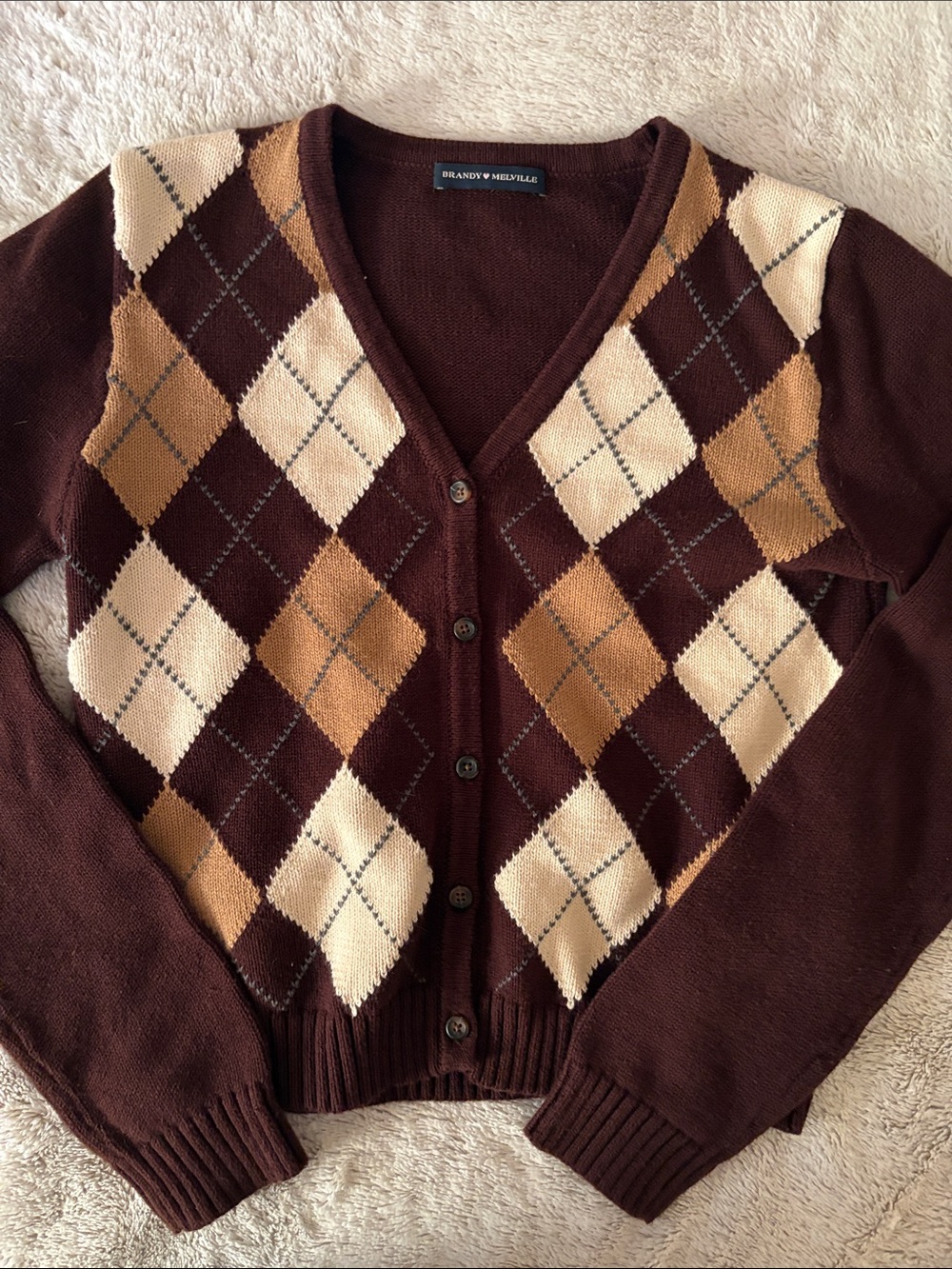 Brandy Melville Brown and Cream Argyle Cardigan
